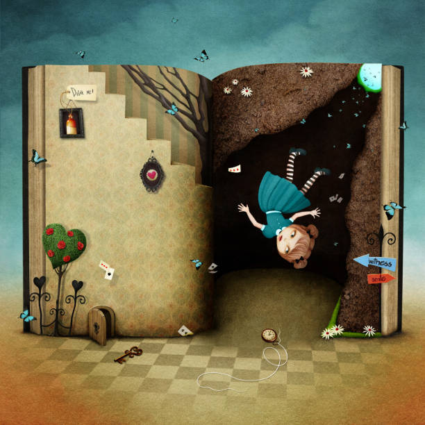 Fall in hole Conceptual illustration with  magical book Wonderland and the falling girl  . Computer graphics. hole cards stock illustrations