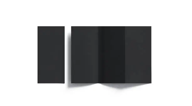 Photo of Blank black tri folded booklet mockup, opened and closed