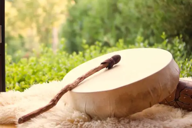 Photo of Shamanic drum. Shamanic tambourine.