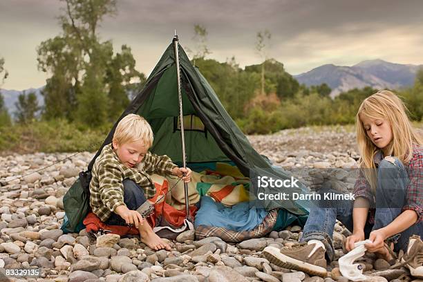 Brother And Sister Playing In Small Tent Stock Photo - Download Image Now - Getting Dressed, Boys, 4-5 Years