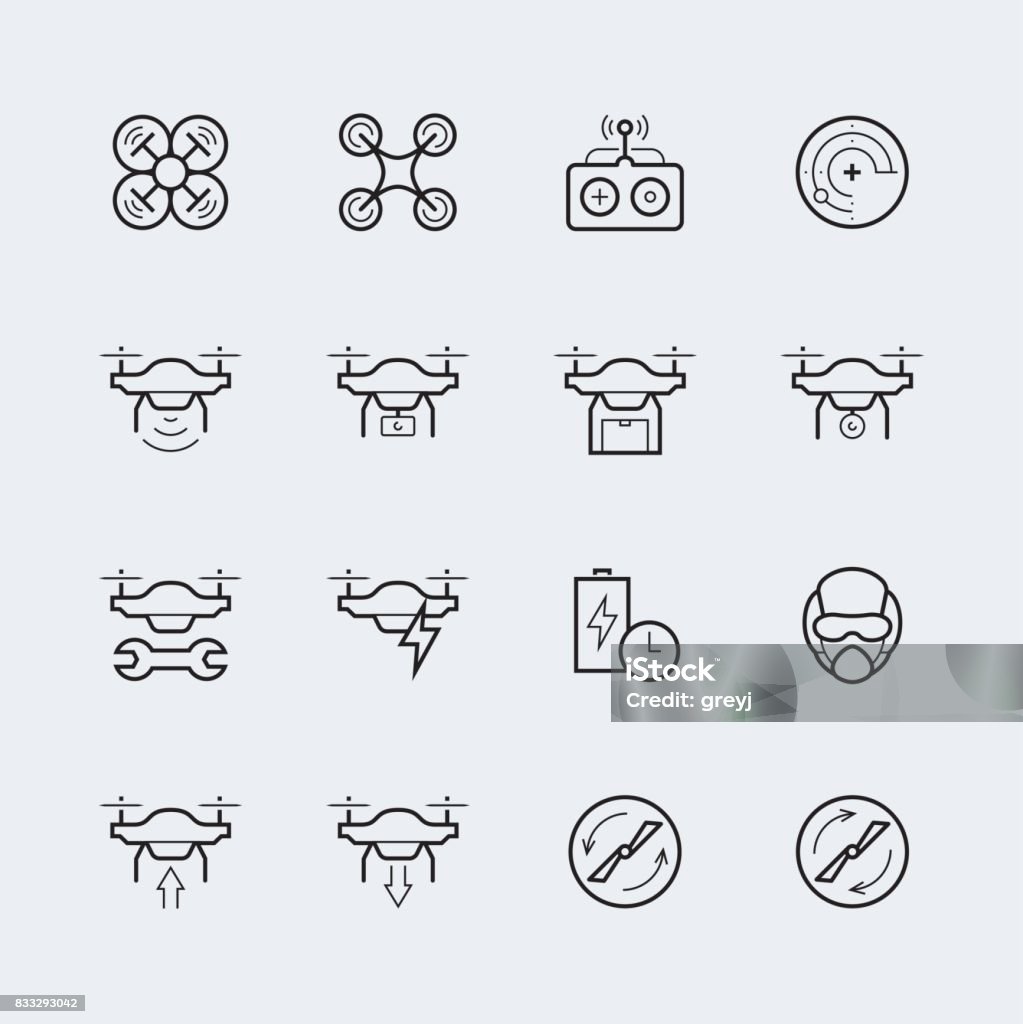 Quadcopter and flying drone icons in thin line style Drone stock vector