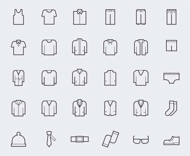 мужские #39;s иконы одежды в тонком стиле линии - t shirt shirt cap clothing stock illustrations