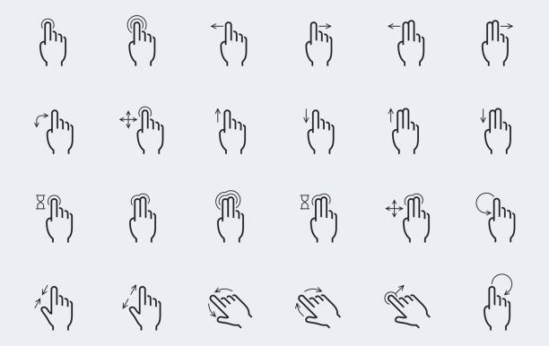 ilustrações, clipart, desenhos animados e ícones de ícones de gestos de tela de toque de vetor em estilo de linha fina - icon set arrow sign symbol computer icon