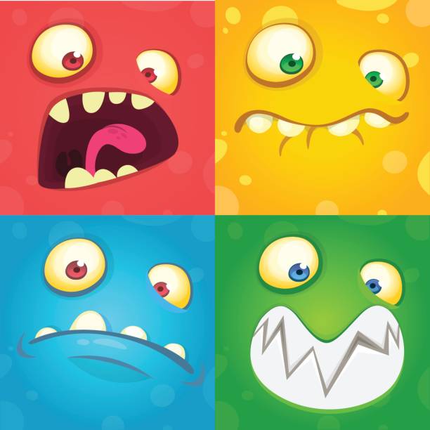 ilustrações, clipart, desenhos animados e ícones de monstro dos desenhos animados enfrenta o conjunto. vector conjunto de halloween quatro faces de monstro - monster set pattern green