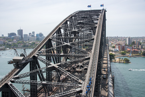 Sydney,NSW,Australia-November 20,2016: Sydney Harbour Bridge climbers in matching jumpsuits on steps overlooking the harbour and waterfront in Sydney, Australia.