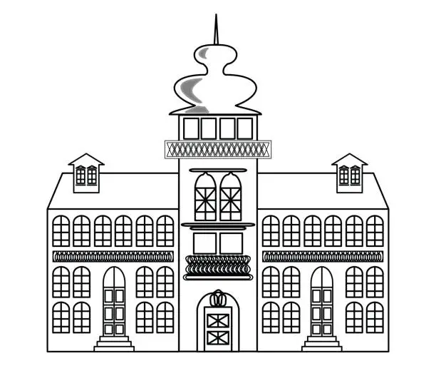 Vector illustration of Old castle monochrome drawing, architectur sketch in black outline on white background