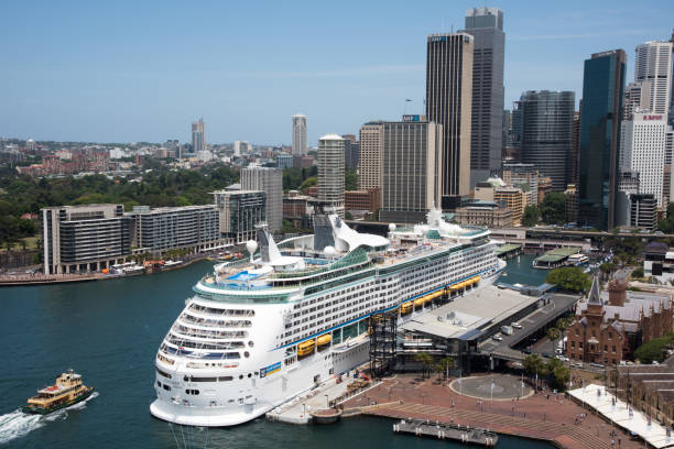 Sydney,NSW,Australia-November 20,2016: View over cityscape at the Circular Quay with ferry, cruise ship, tourists and waterfront housing in Sydney, Australia.