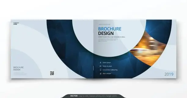 Vector illustration of Landscape cover design. Blue corporate business rectangle cover template brochure, report, catalog, magazine. Modern cover layout circle shape abstract background. Creative cover vector concept