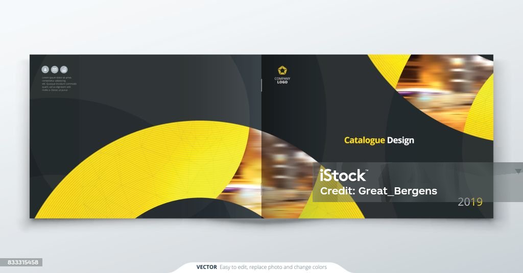 Landscape Catalog design. Yellow corporate business rectangle template brochure, report, catalog, magazine. Brochure layout modern circle shape abstract background. Creative catalog vector concept Brochure stock vector