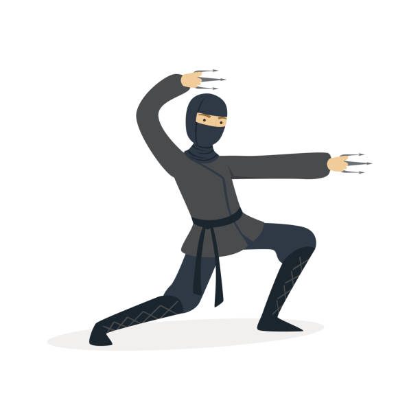 istock Ninja assassin character in a full black costume fighting with stainless claws, Japanese martial art vector Illustration 833363972