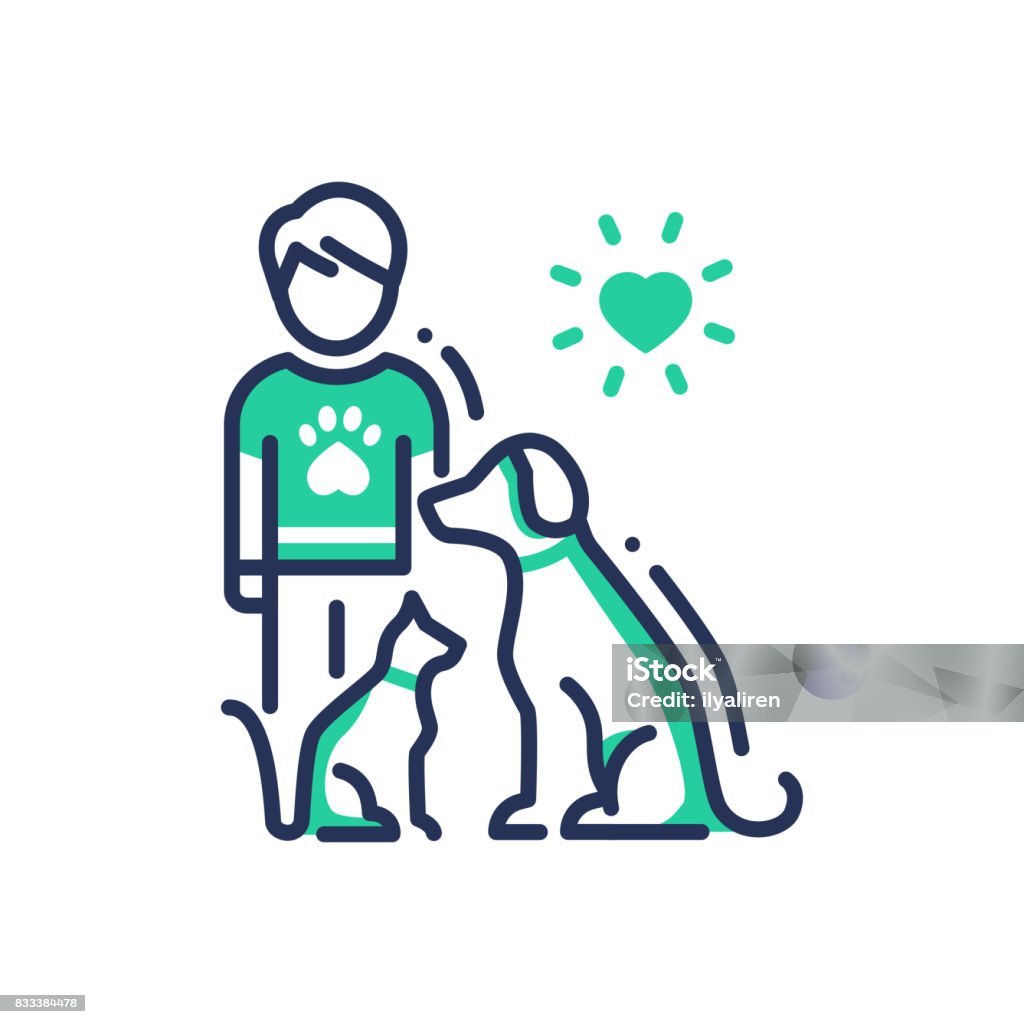 Animals Help - modern vector line design single icon. Animals Help - modern vector single line design icon. An image of a human with cat and dog under heart sun. Green color on white background. Charity, volunteering, shelter, vet clinic presentation. Pet care Dog stock vector