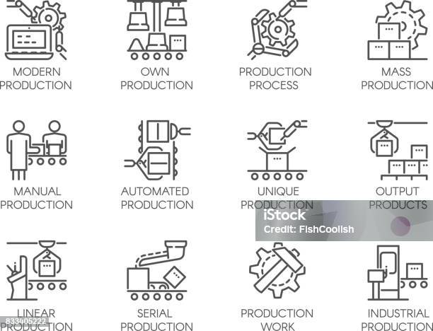 Icons Of Automatic And Manual Production 12 Mono Linear Web Graphic Pictograms Editable Stroke 64x64 Pixel Perfect Stock Illustration - Download Image Now