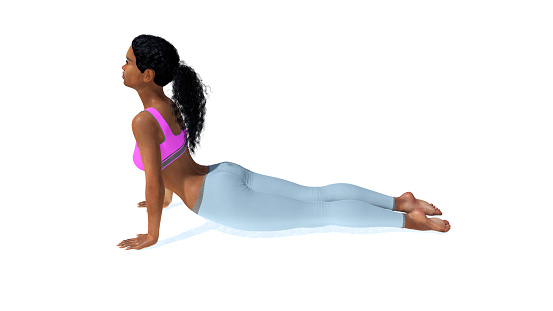 Young adult sportive slim african american woman practicing yoga pose in cobra or upward facing dog position on white background. 3D illustration from my own 3D rendering file.