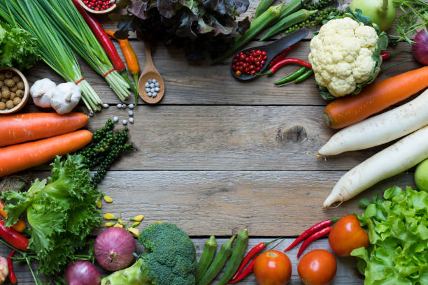 istock Fresh farmers market fruit and vegetable from above with copy space 833441676