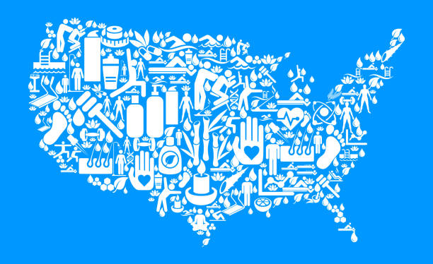 United States Map Health and Wellness Icon Set Blue Background . This vector graphic composition features the main object composed of health and wellness icons. The icons vary in size. The vector icons are in white color and form a seamless pattern to form the object. The background is blue. The icons include such popular healthcare and wellness icons as fitness, water, people exercising, massage, stretching, yoga and many more. You can use this entire composition or each icon can also be used separately and as not part of the icon set.