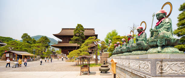 Nagano Zenko-ji Temple Sanmon gate panoramic view with Rokujizo statues to the right. Photographed on a sunny Springtime day.