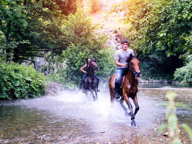 istock Couple gallops horse through stream 833491534