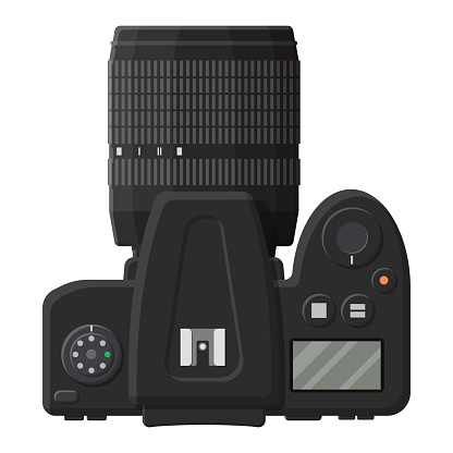Modern photo camera. Professional device for phototrophs. Vector illustration in flat style