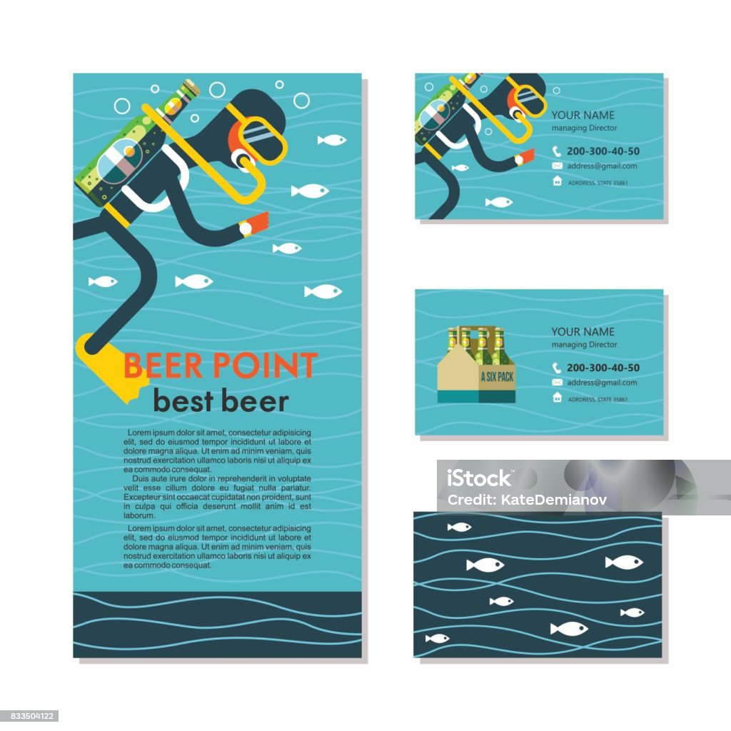 The diver with a bottle of beer instead of oxygen. Funny illustration for lovers of beer and diving. Business cards and flyers. Alcohol - Drink stock vector