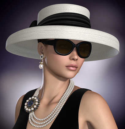 Amazing 3D render of a beautiful woman wearing  a retro style classic glamour fashion outfit and jewelry.