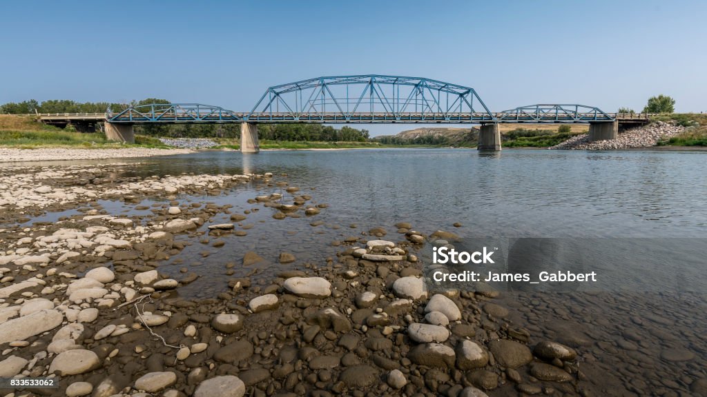 Blackfoot Crossing Bridge on Siksika Nation near Cluny historic Blackfoot Crossing over the Bow River on the Siksika Nation near the town of Cluny Alberta Stock Photo