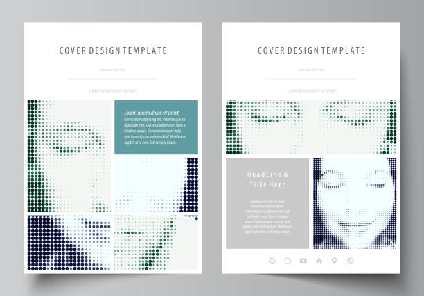 ilustrações de stock, clip art, desenhos animados e �ícones de business templates for brochure, magazine, flyer, booklet. cover design template, abstract layout in a4 size. halftone dotted background, retro style grungy pattern, vintage texture. halftone effect - 15851