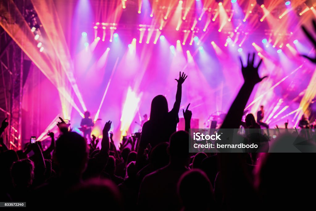 Hands in the air Crowd raising hands in the air on the music festival. DJ Stock Photo