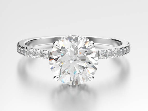 illustrazione 3d anello di fidanzamento in oro bianco o argento con diamante con riflessione - jewelry gem gold reflection foto e immagini stock