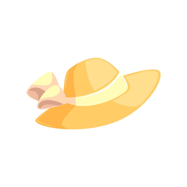 Pretty feminine straw summer hat with wide brims Pretty feminine straw summer hat with wide brims, cartoon vector illustration isolated on white background. Summer straw floppy hat with white ribbon, beach vacation attribute bonnet hat stock illustrations