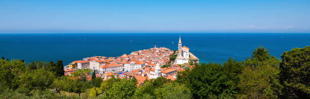 Piran, Slovenia Panoramic view of Piran, Slovenia. Aerial view from atop the city walls. koper slovenia stock pictures, royalty-free photos & images