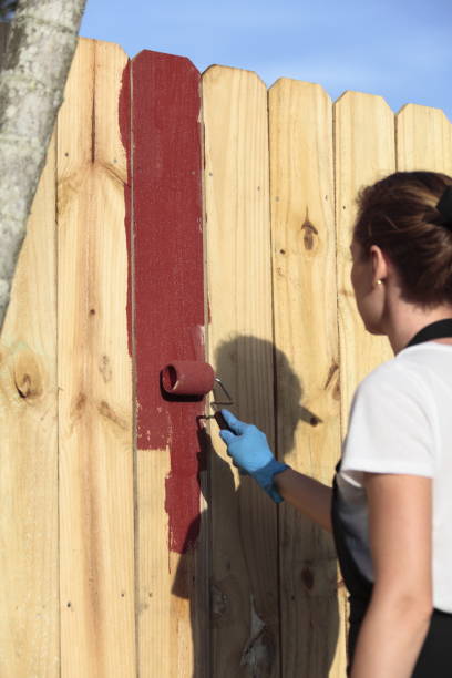 istock Woman is painting a fence. 833632006