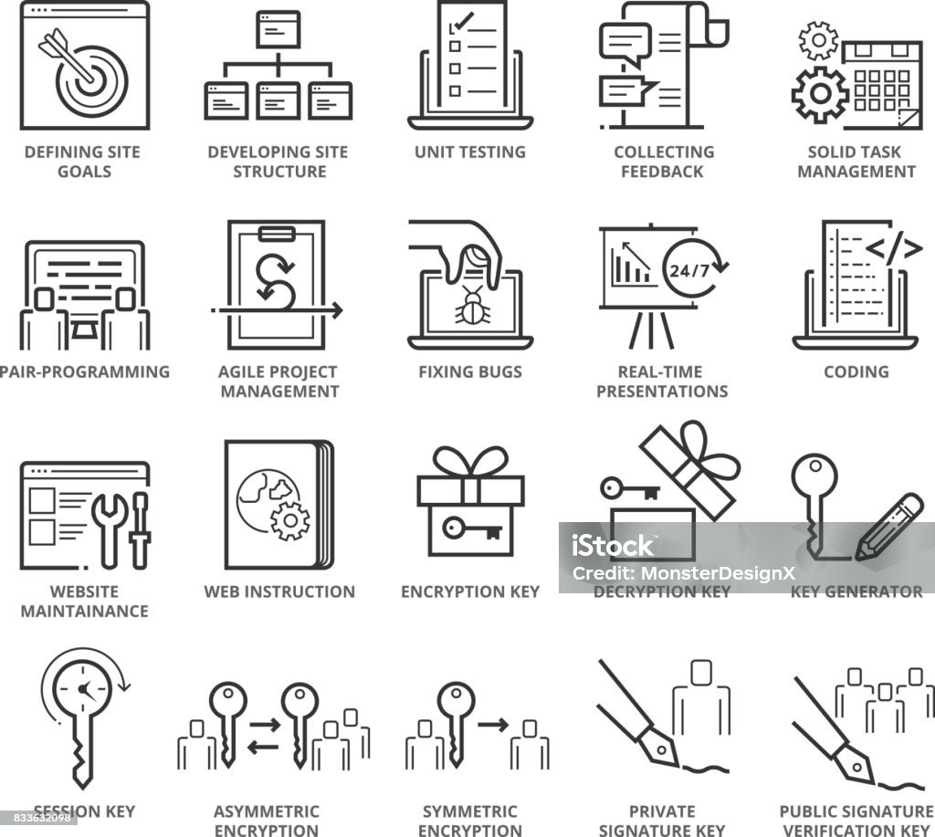 Flat thin line Icons set of Web Programming and Security Flat thin line Icons set of Web Programming and Security. Pixel Perfect Icons. Simple mono linear pictogram pack stroke vector logo concept for web graphics. Explaining stock vector