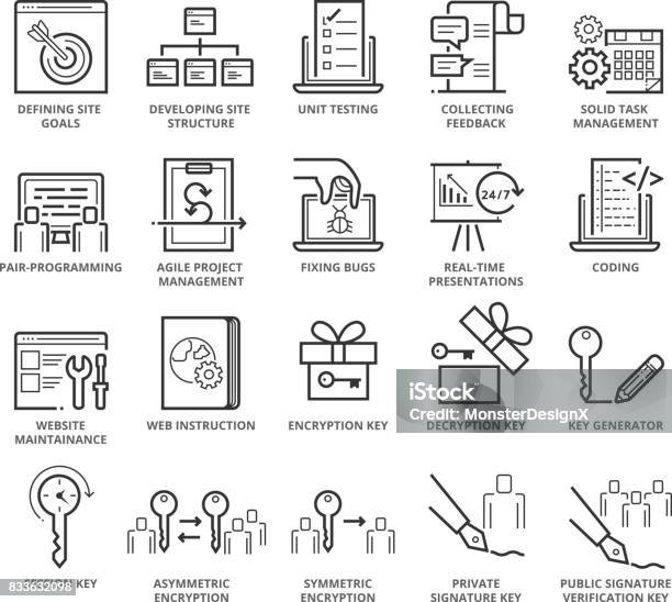 Flat Thin Line Icons Set Of Web Programming And Security Stock Illustration - Download Image Now
