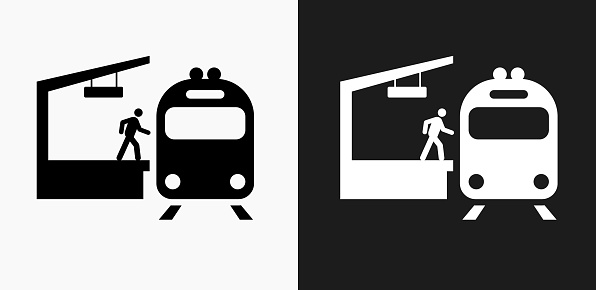 Train Stop Icon on Black and White Vector Backgrounds. This vector illustration includes two variations of the icon one in black on a light background on the left and another version in white on a dark background positioned on the right. The vector icon is simple yet elegant and can be used in a variety of ways including website or mobile application icon. This royalty free image is 100% vector based and all design elements can be scaled to any size.
