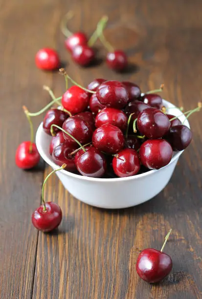 Sweet cherry in bowl on the table. Summer berry harvest.