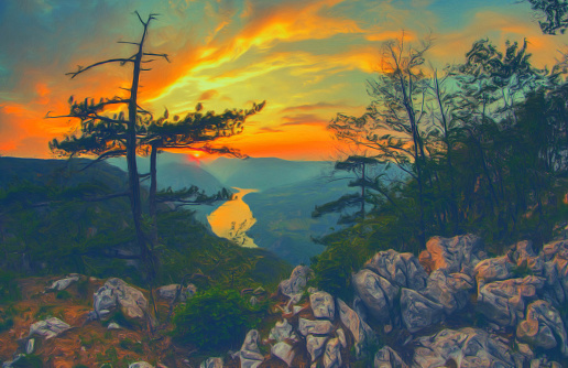 Landscape painting showing view at the valley from the top of the mountain at summer sunset.