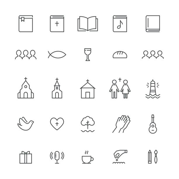 Church and Christian Community Flat Outline Icons. Vector Set Church and Christian Community Flat Outline Icons. Vector Set. religion symbols stock illustrations