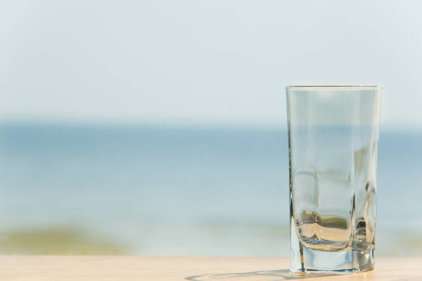 istock Empty glass on the table with sea on background. 833653158