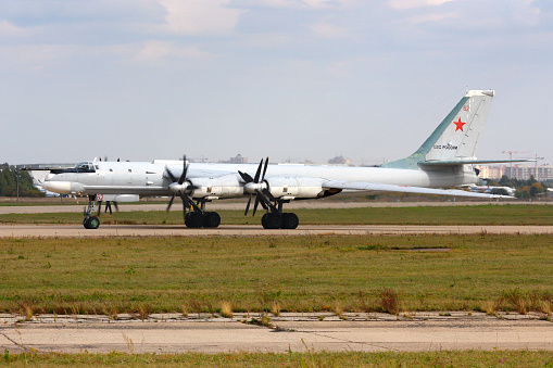 Zhukovsky, Moscow Region, Russia - October 13, 2014: Tupolev Tu-95MS Bear 62 RED of russian air force at Zhukovsky.