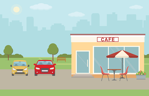 Cafe building with parking on city background. Flat style, vector illustration.