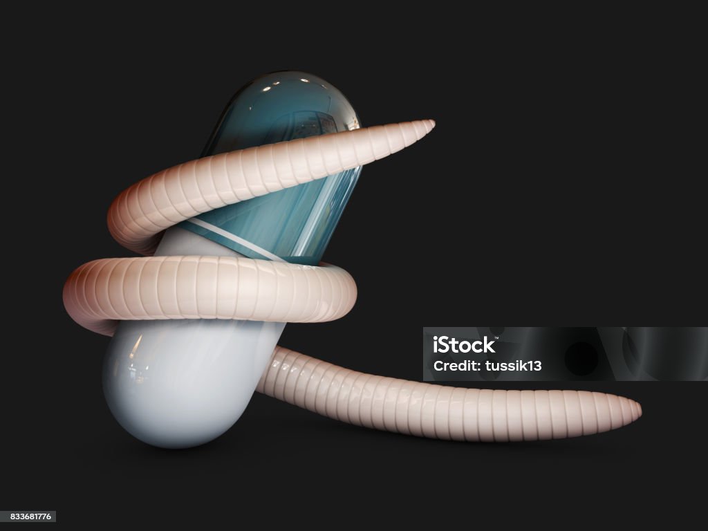 3d Illustration of parasitic worm around a pill 3d Illustration of parasitic worm around a pill. Anisakis Stock Photo