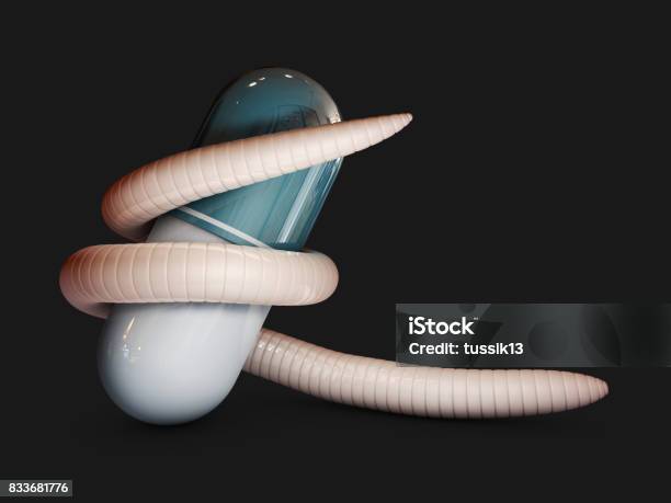 3d Illustration Of Parasitic Worm Around A Pill Stock Photo - Download Image Now - Anisakis, Child, Endoscope