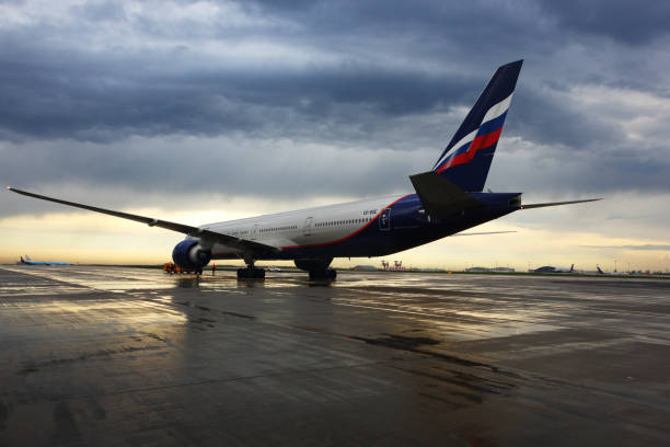Aeroflot Boeing 777-300 VQ-BQE standing at Sheremetyevo international airport. stock photo
