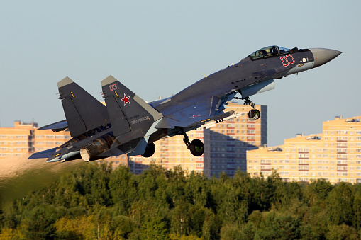 Zhukovsky, Moscow Region, Russia - August 20, 2015: Sukhoi Su-35 RF-95242 of russian air force perfoming demonstration flight in Zhukovsky during MAKS-2015 airshow.