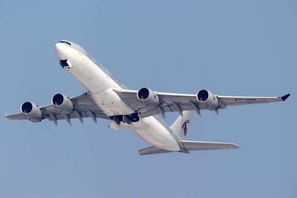 Qatar Amiri Flight A7-HHH Airbus A340-500 taking off at Sheremetyevo international airport. Sheremetyevo, Moscow Region, Russia - April 14, 2014: Qatar Amiri Flight A7-HHH Airbus A340-500 taking off at Sheremetyevo international airport. hhh stock pictures, royalty-free photos & images