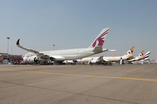 The Big Three middle eastern carriers, Doha's Qatar Airways, Abu Dhabi's Etihad Airways and Dubai's Emirates Airline showcase their newest aircraft at India Aviation week 2016 at Begumpet Airport, Hyderabad. Showcasing their Airbus A350, Boeing 787 Dreamliner and Airbus A380 respectively, additionally Etihad also showing its brand new 777 Freighter Aircraft.