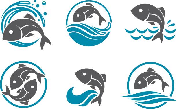 illustrazioni stock, clip art, cartoni animati e icone di tendenza di set di icone fish - pesce immagine