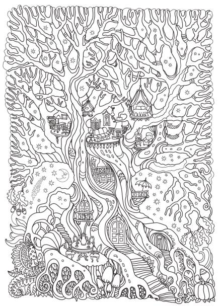 Vector hand drawn fantasy old oak tree with fairy tale house with toy furniture. Black and white sketch . Tee-shirt print. Adults and children Coloring book vertical page. Batik contour drawing Vector hand drawn fantasy old oak tree with fairy tale house with toy furniture. Black and white sketch . Tee-shirt print. Adults and children Coloring book vertical page. Batik contour drawing old oak tree stock illustrations