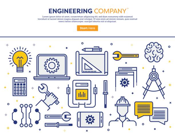 Engineering Company Concept Line vector illustration of an engineering company. Banner/Header Icons. engineering illustrations stock illustrations