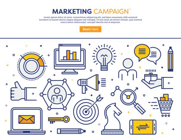 ilustraciones, imágenes clip art, dibujos animados e iconos de stock de concepto de campaña de marketing - new symbol interface icons contemporary